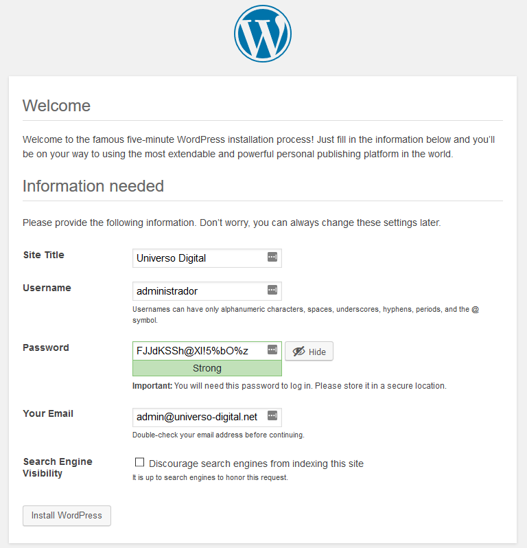 Instalación de WordPress. Configuración de la cuenta de administrador