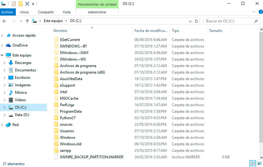 Vista de los archivos ocultos - Explorador de Windows