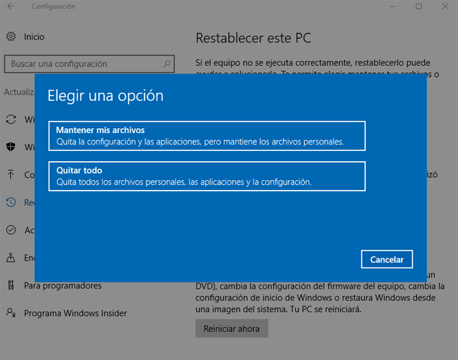 Restablecer PC opciones Windows 10