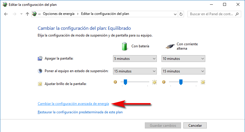 Cambiar configuración avanzada de energía Windows 10
