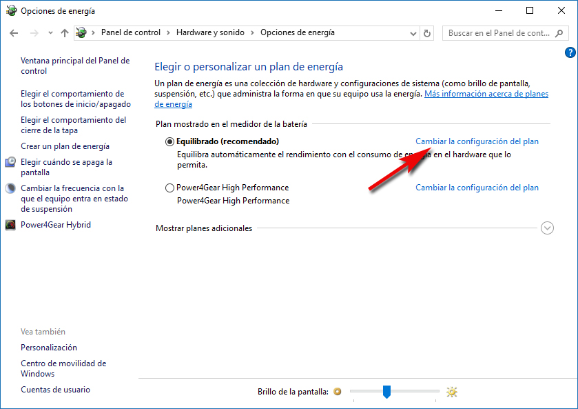 Cambiar configuración del plan energía - Windows 10