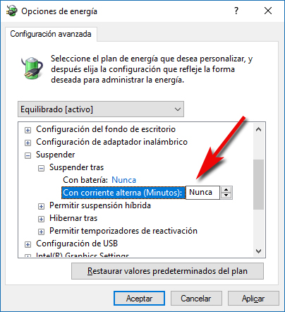 Desactivar suspensión - Windows 10