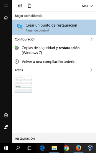 Crear punto restauración - Windows 10