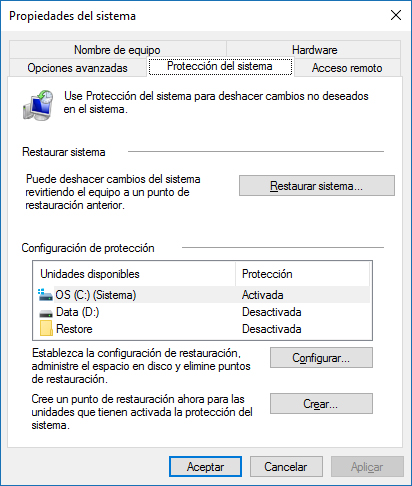 Protección de sistema - Windows 10