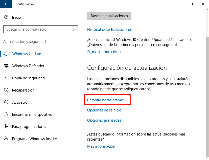 Cambiar horas activas Windows 10