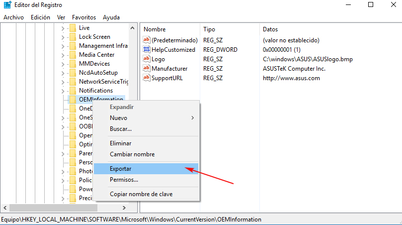 Exportando sección del registro Windows 10