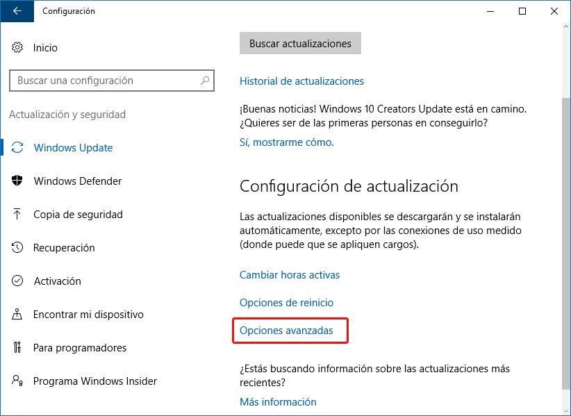 Opciones avanzadas Windows Update - Windows 10