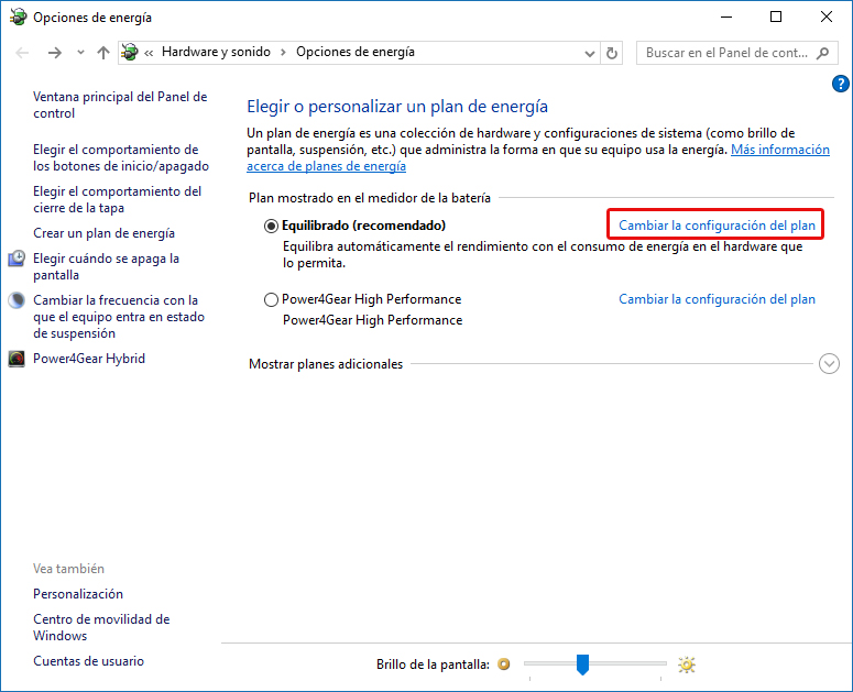 Opciones avanzadas de energía - Windows10