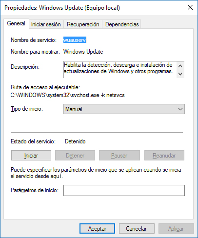Propiedades servicio Windows Update - Windows 10