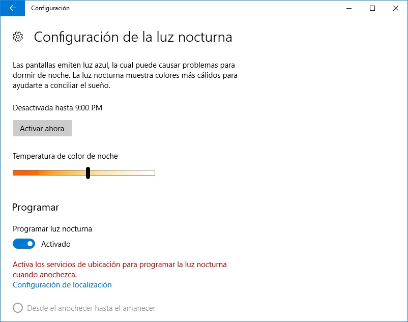 Luz Nocturna - Windows10