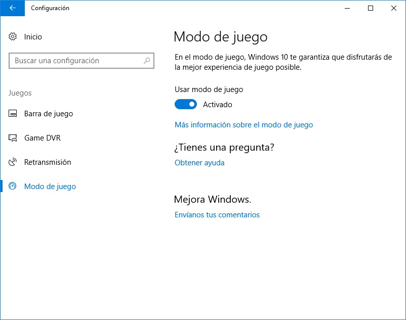 Modo de juego - Windows10