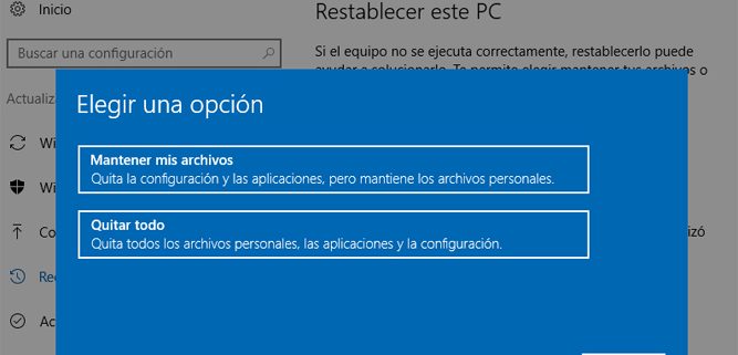 Restablecer este PC opciones Windows 10