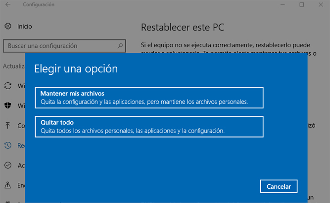 Restablecer este PC opciones Windows 10
