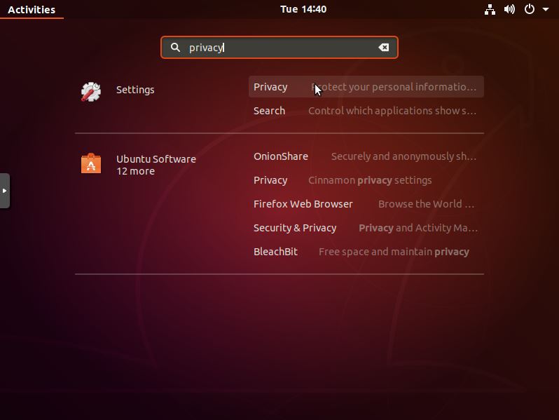 Localizando la configuración de Privacidad en Ubuntu 18.04