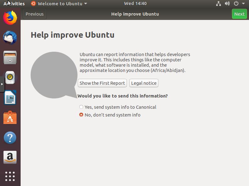 Desactivando recopilar datos de la PC en el asistente de configuración inicial de Ubuntu 18.04 LTS